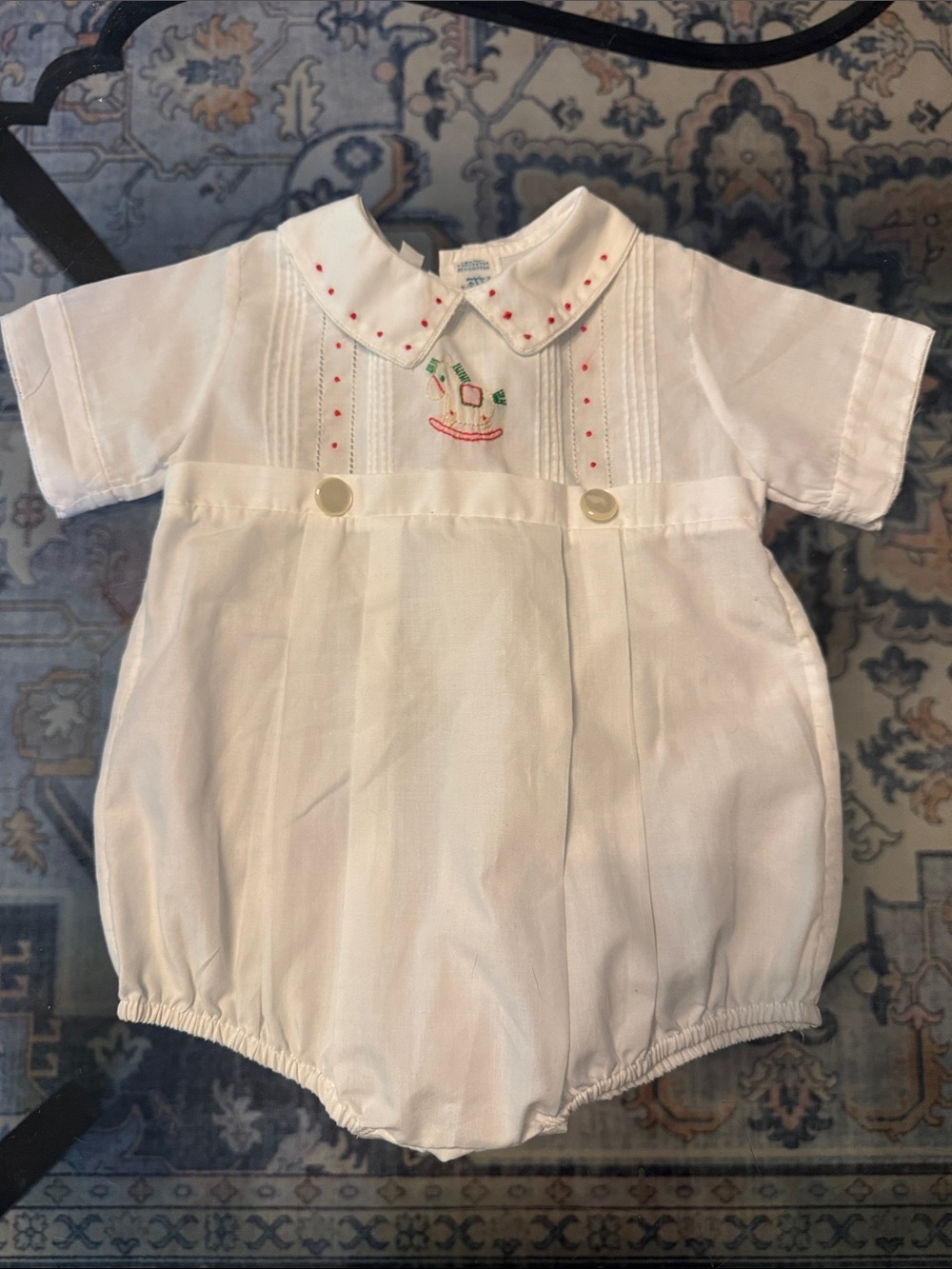 White Short-Sleeve Embroidered Baby Bubble Romper W Rocking Horse